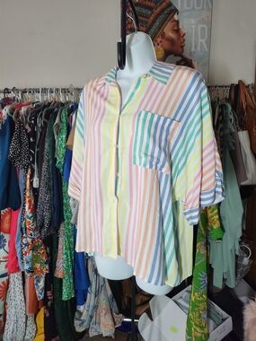 Pastel Rainbow Striped Button-Up Shirt